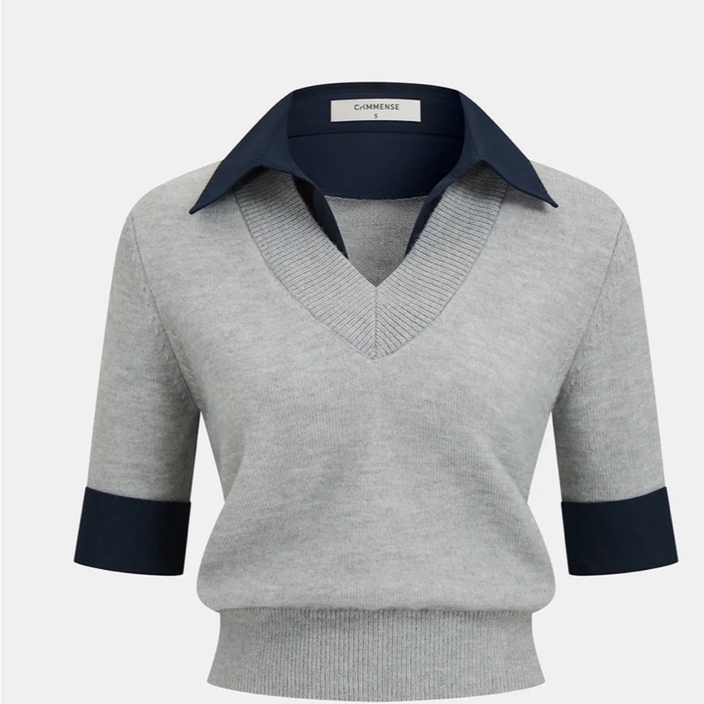 Commense Grey V-Neck Short Sleeve Sweater with Navy Collar
